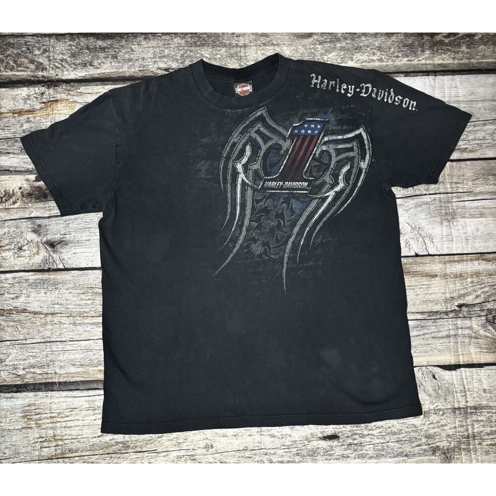 Harley Davidson Black T Shirt Wings 1 American Flag Biker Bangor Maine Mens XL